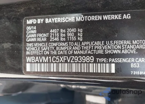 2015 BMW X1 Sdrive28I из США, поврежденный, VIN WBAVM1C5XFVZ93989